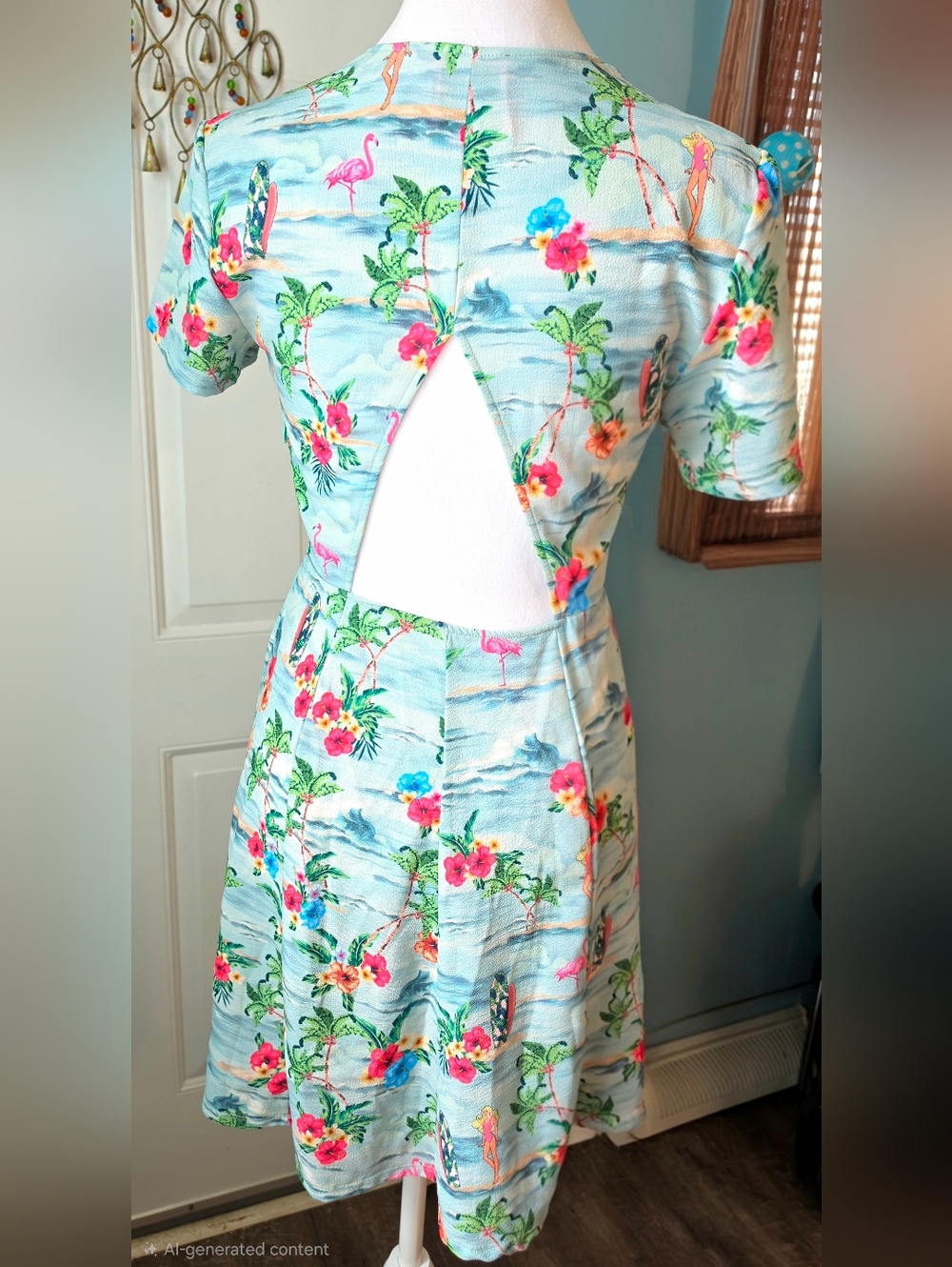 Show Me Your MuMu X Barbie Ibza Fit & Flare Mini Dress Womens S Light Blue Tropi - Picture 4 of 12